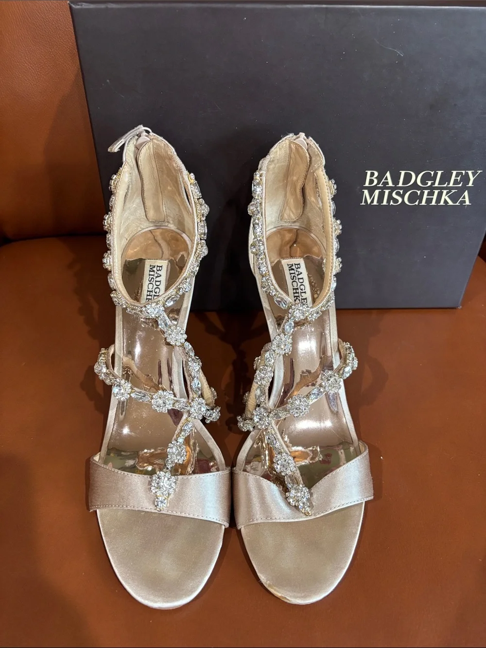 Badgley Mischka Champagne Satin Crystal Embellished Wedges